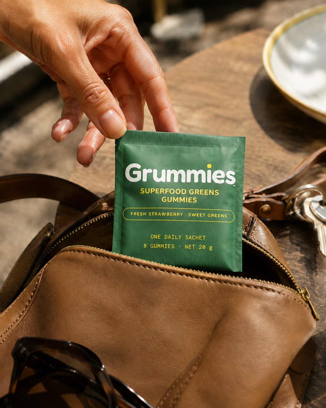 A single deep green sachet tipped out of a handbag onto a café table