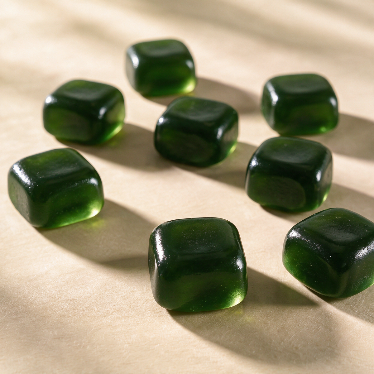 Macro, backlit, translucent gummies scattered loose across a warm surface