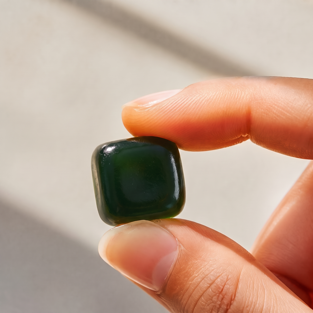 Macro, backlit, one gummy held between finger and thumb with light passing through it